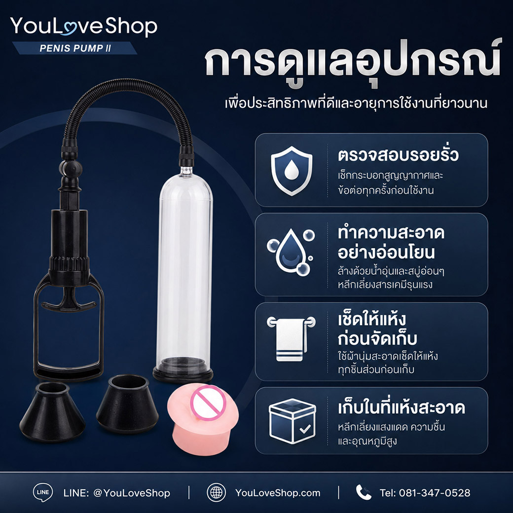แนวทางดูแล BaiLe Penis Pump II โดยตรวจสอบอุปกรณ์ ทำความสะอาด และเก็บให้แห้ง