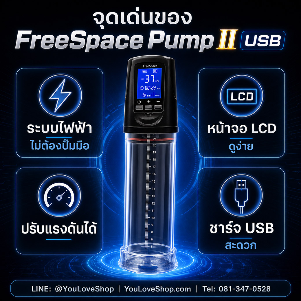 จุดเด่น FreeSpace Pump II USB ระบบไฟฟ้า หน้าจอ LCD ปรับแรงดันได้ ชาร์จ USB
