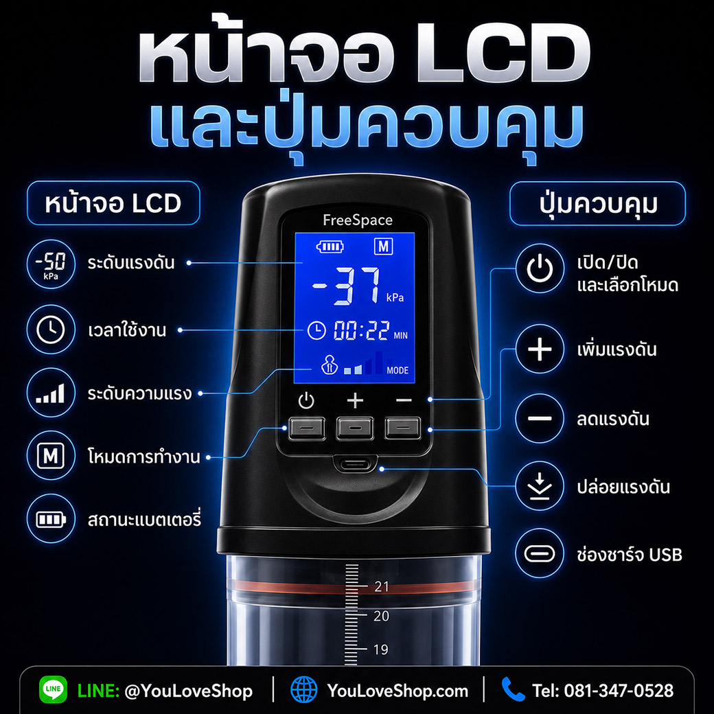 FreeSpace Pump II USB หน้าจอ LCD และปุ่มควบคุมการใช้งาน