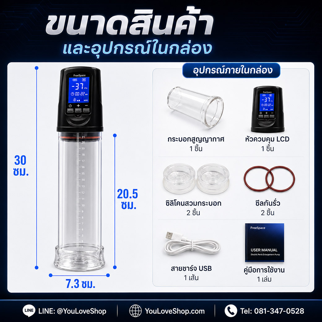 ขนาด FreeSpace Pump II USB และอุปกรณ์ภายในกล่อง