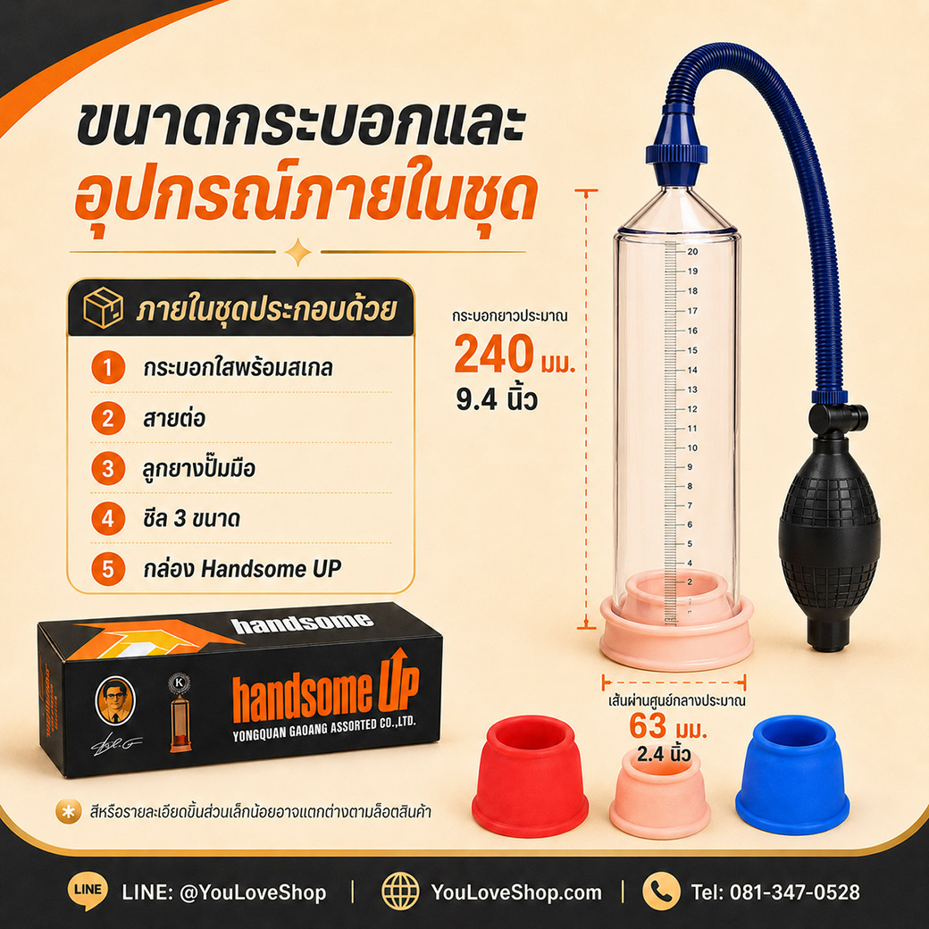 ขนาดกระบอก Handsome UP และอุปกรณ์ภายในชุด