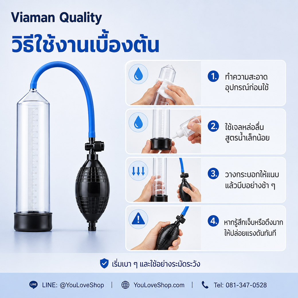 วิธีใช้งาน Viaman Quality อย่างระมัดระวัง เริ่มจากทำความสะอาด ใช้เจลหล่อลื่น และบีบแรงดันอย่างช้า ๆ