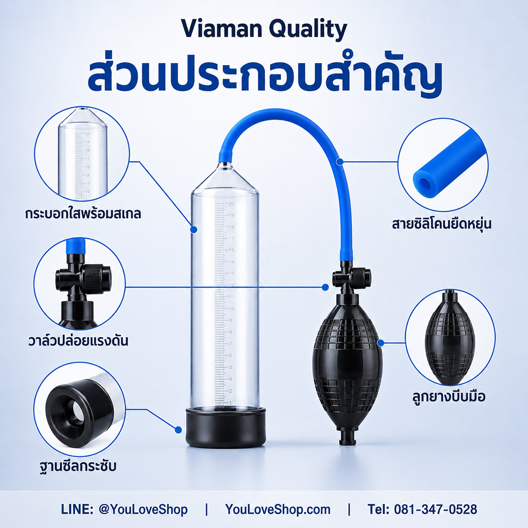 ส่วนประกอบ Viaman Quality กระบอกใสพร้อมสเกล สายซิลิโคน ลูกยางบีบมือ วาล์วปล่อยแรงดัน และฐานซีล