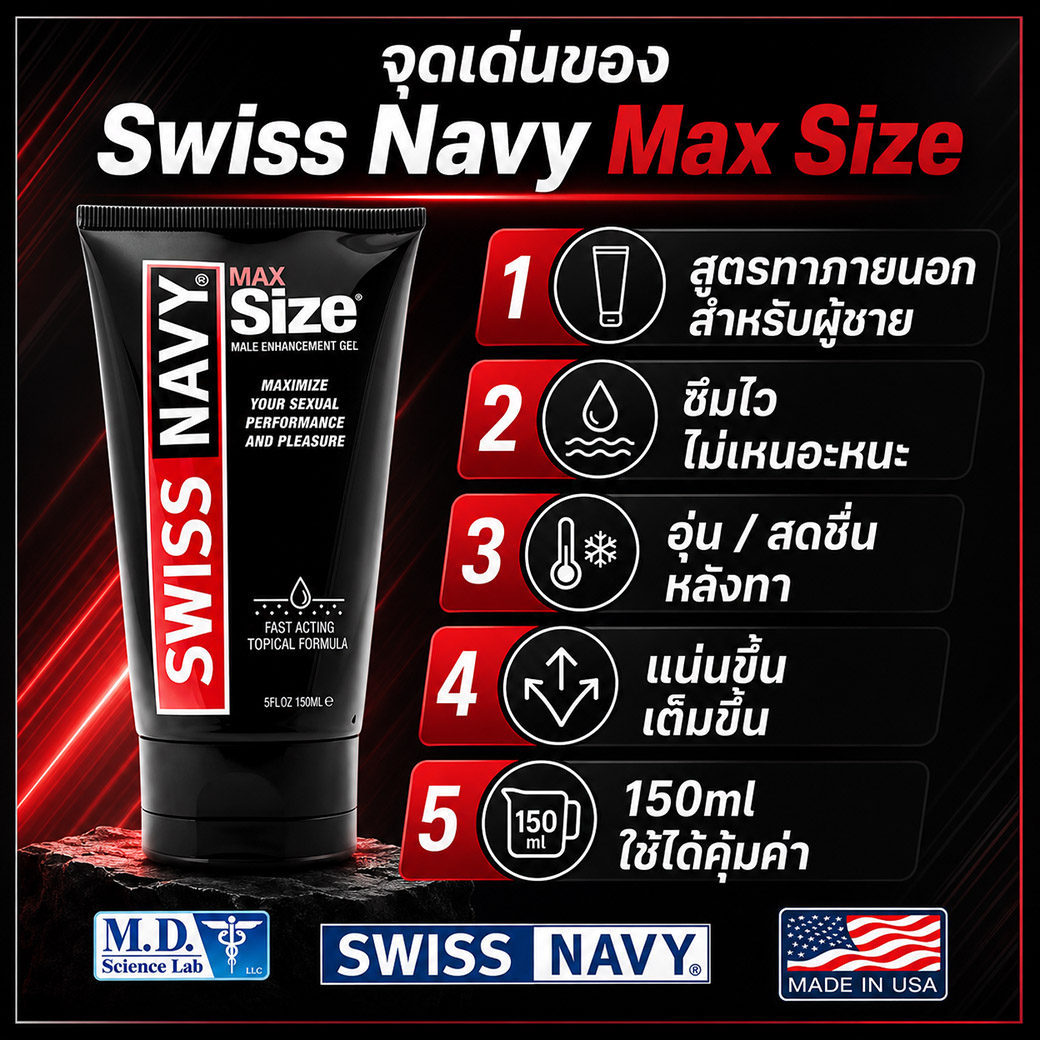 จุดเด่น Swiss Navy Max Size Cream ซึมไว ไม่เหนอะหนะ อุ่นสดชื่น รู้สึกแน่นเต็ม พร้อม Butea Superba