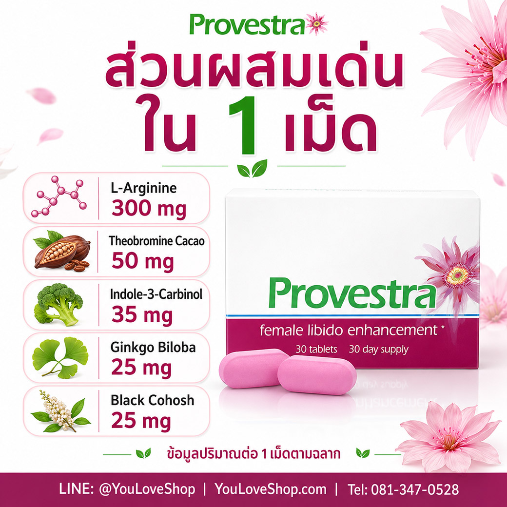 ส่วนผสมเด่นใน Provestra ได้แก่ L-Arginine Theobromine Cacao Ginkgo Biloba Damiana Leaf และ Black Cohosh